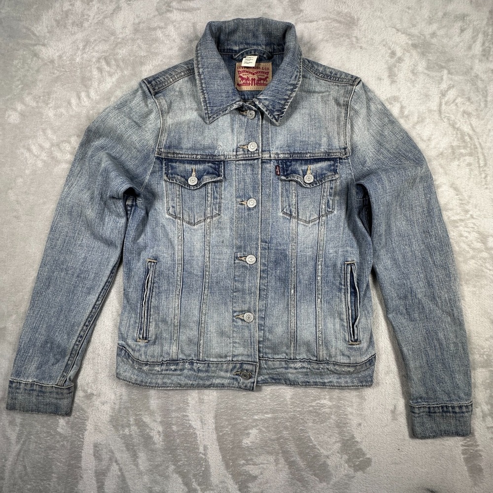 Levis Trucker Jacket Womens Size Medium Blue Denim Button Front Coat